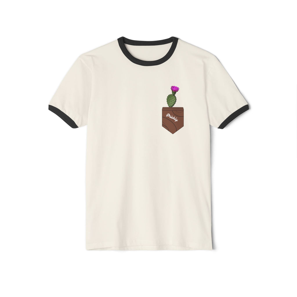Pocket Cactus Ringer Tee — Minimal Plant Graphic T‑Shirt