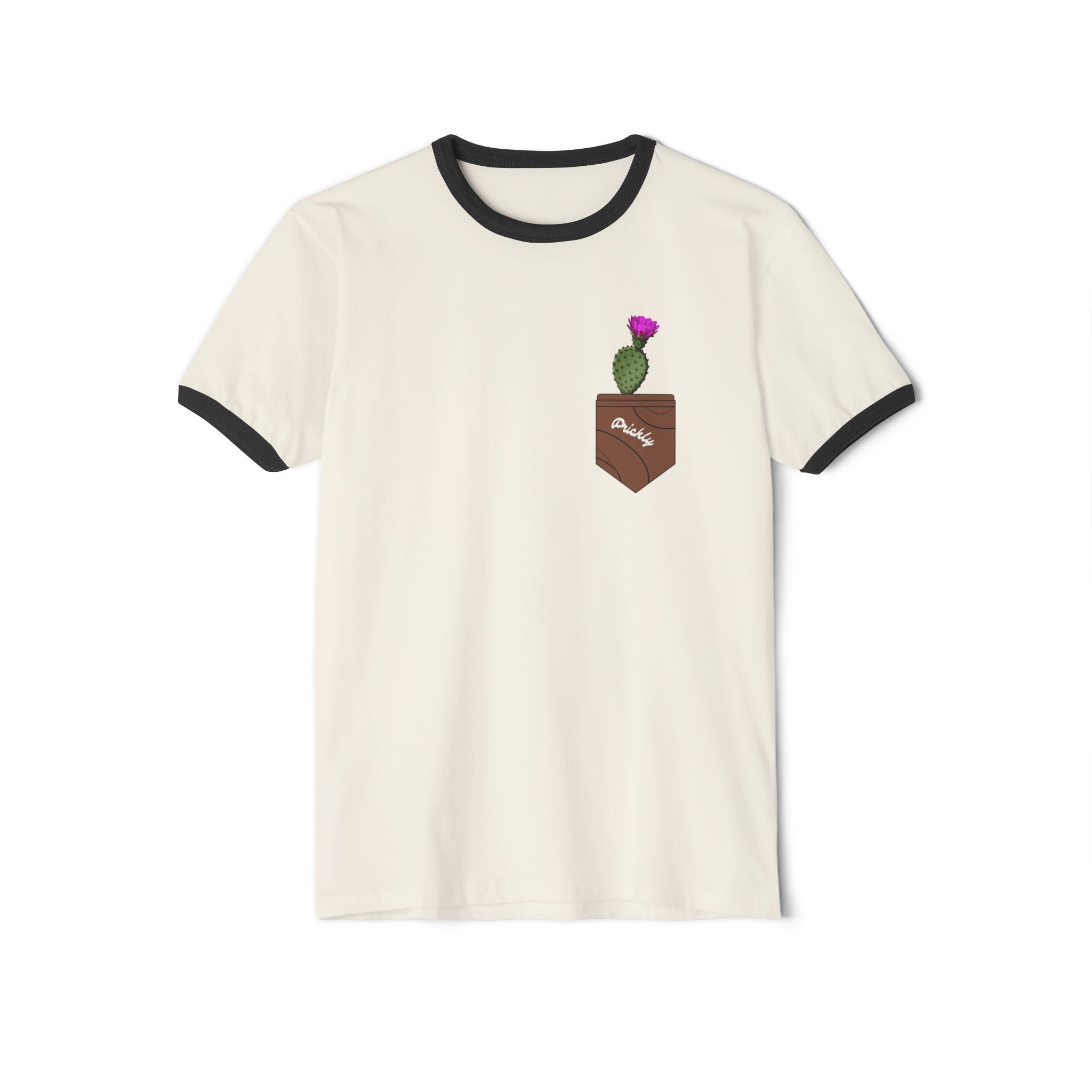 Pocket Cactus Ringer Tee — Minimal Plant Graphic T‑Shirt