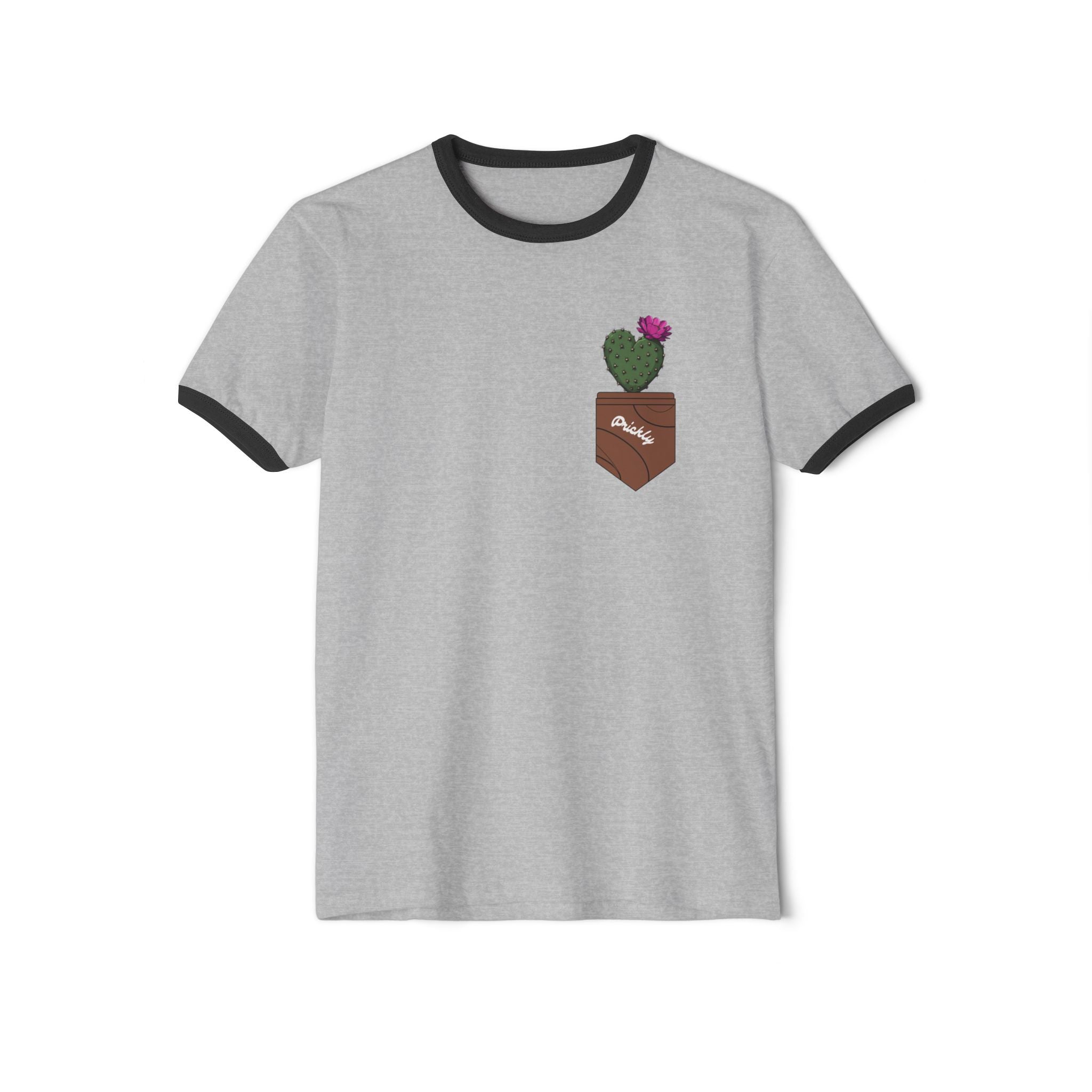 Pocket Cactus Ringer Tee — Vintage Cream T‑Shirt with Blooming Cactus Pocket Design