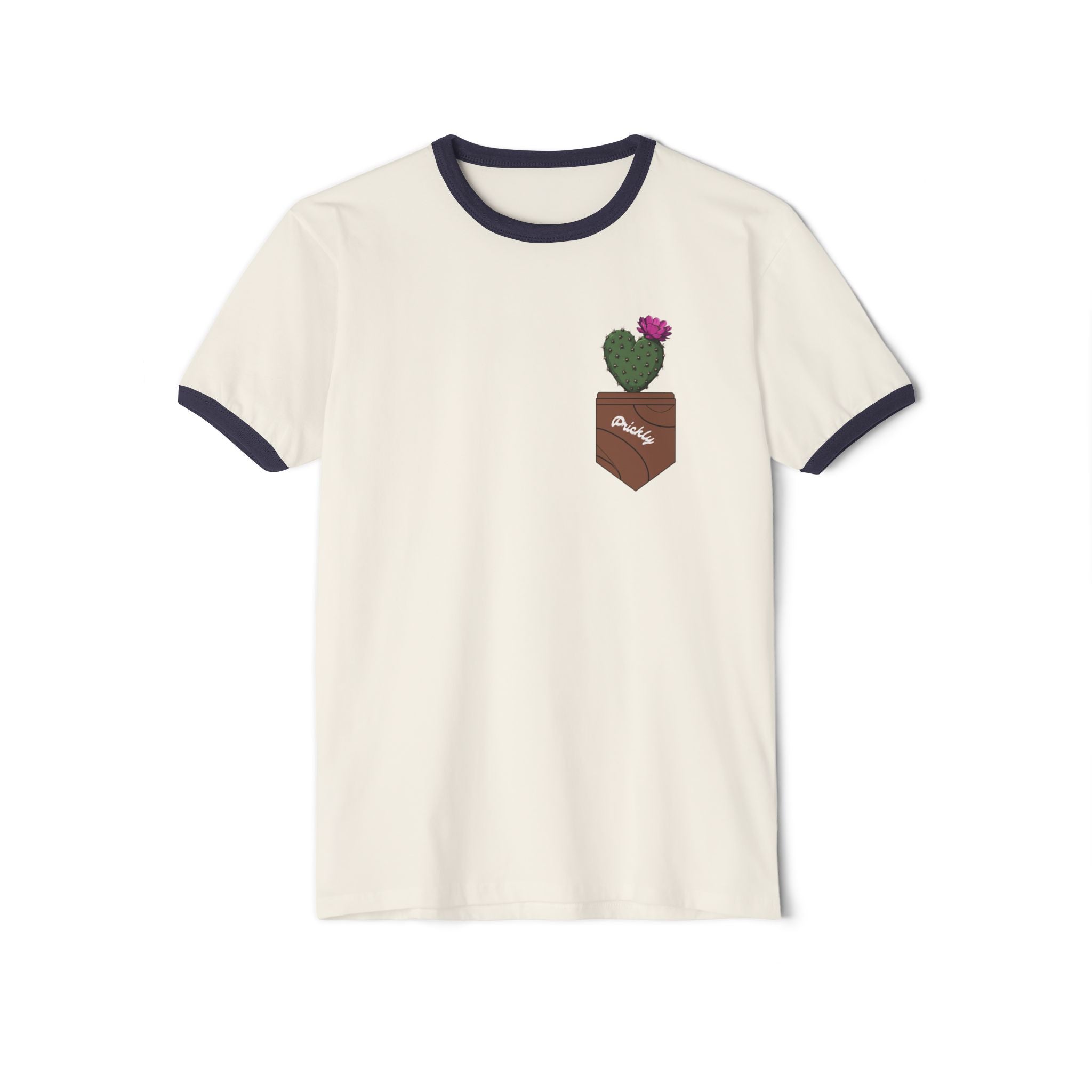 Pocket Cactus Ringer Tee — Vintage Cream T‑Shirt with Blooming Cactus Pocket Design