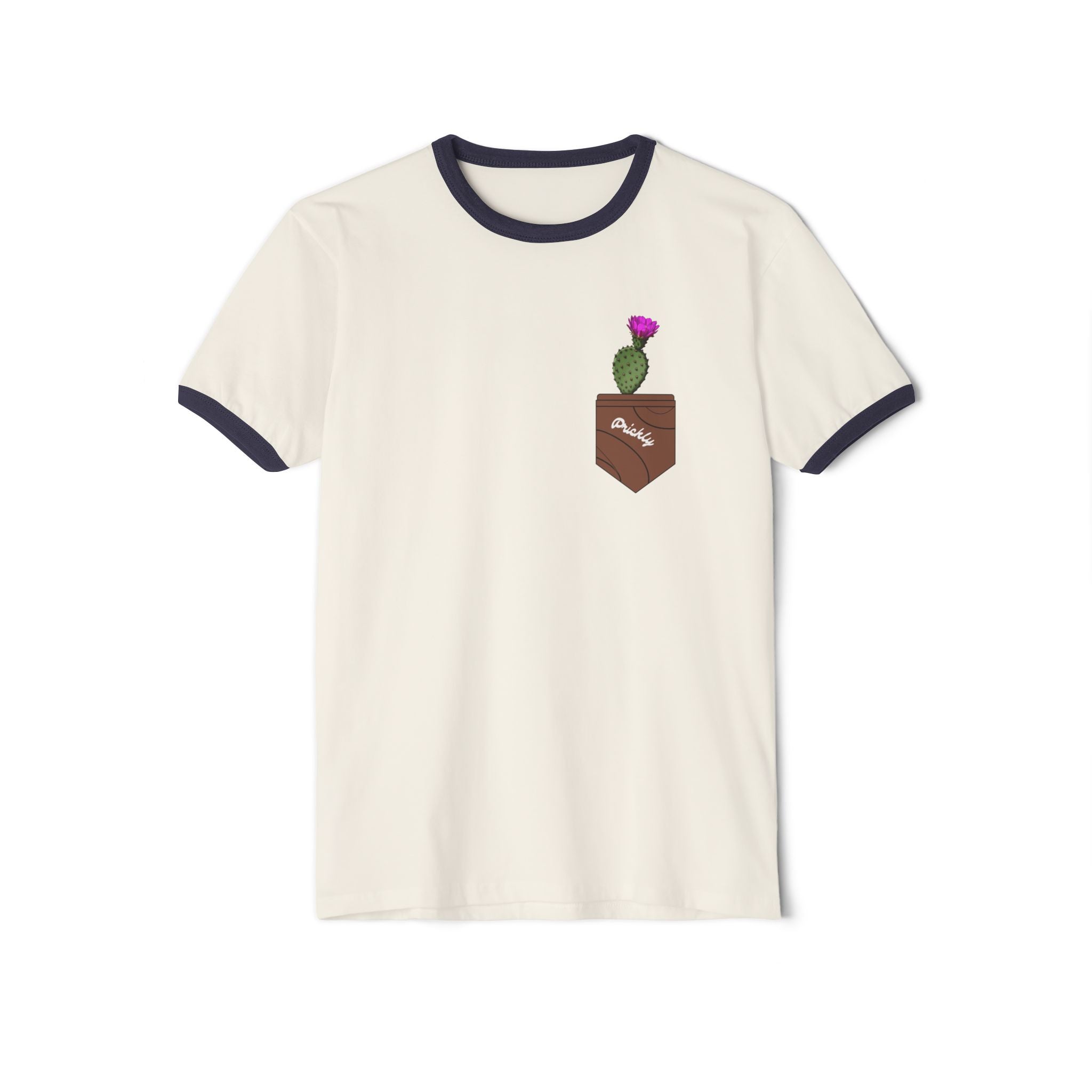 Pocket Cactus Ringer Tee — Minimal Plant Graphic T‑Shirt