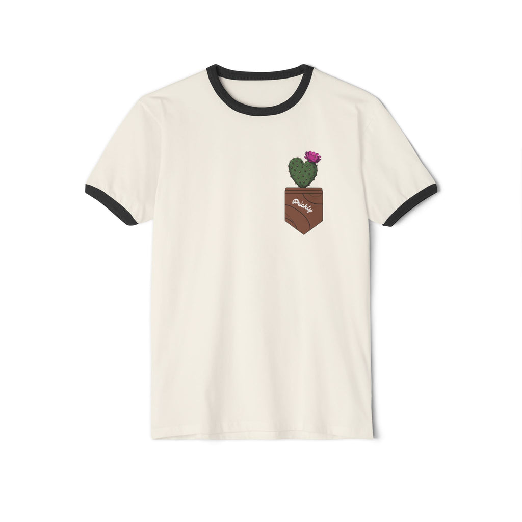 Pocket Cactus Ringer Tee — Vintage Cream T‑Shirt with Blooming Cactus Pocket Design