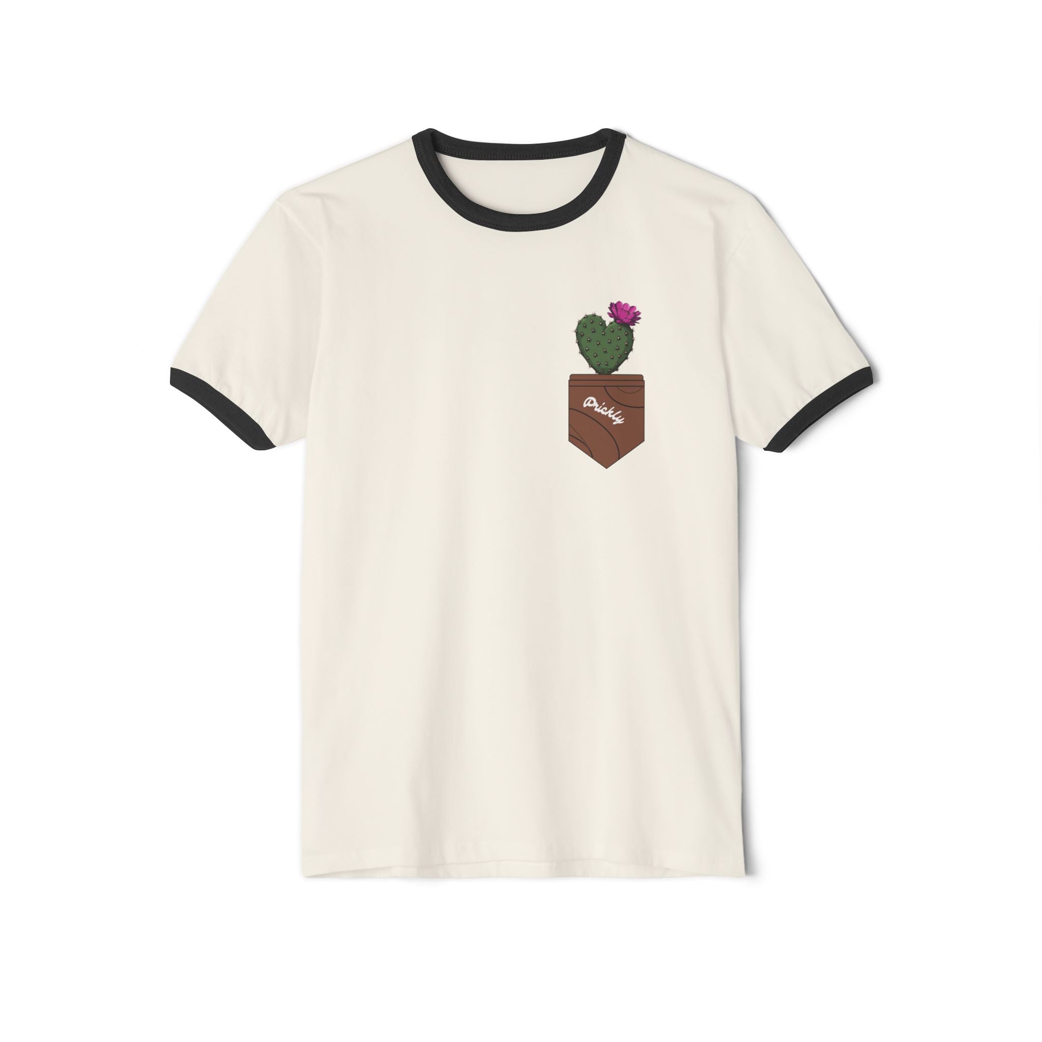 Pocket Cactus Ringer Tee — Vintage Cream T‑Shirt with Blooming Cactus Pocket Design