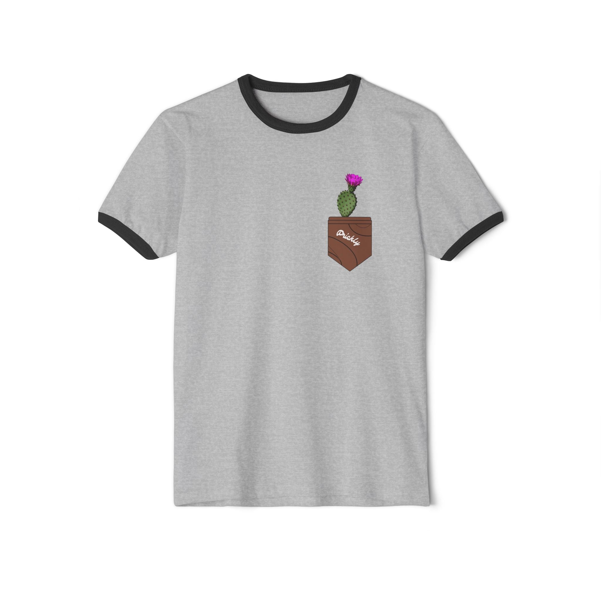 Pocket Cactus Ringer Tee — Minimal Plant Graphic T‑Shirt